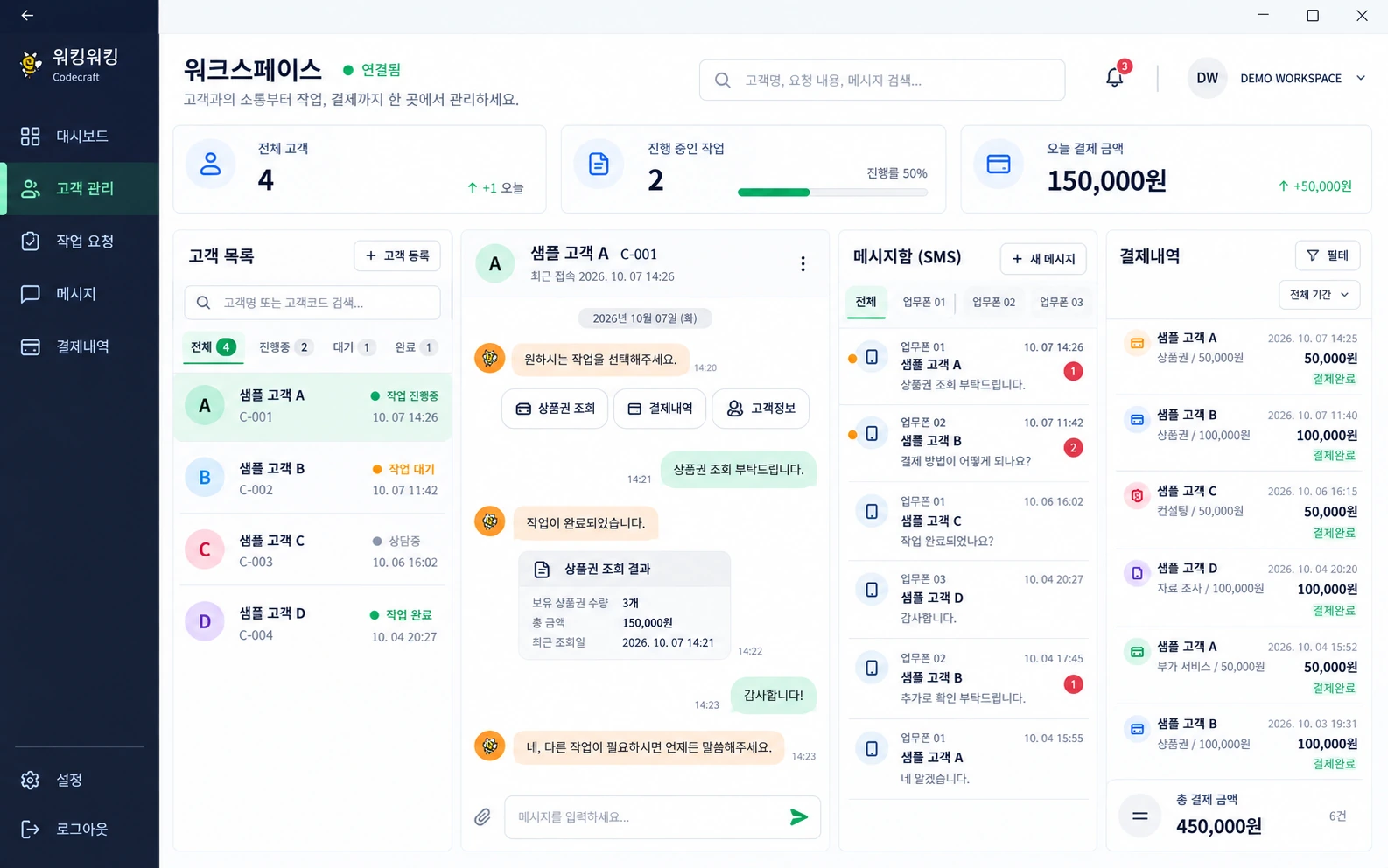 Illustrative WalkingWorking workspace showing customer conversations, messages and payment records